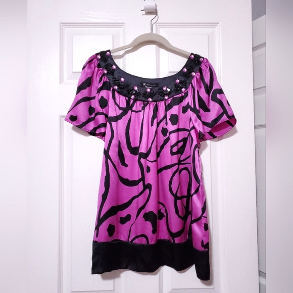 INC International Concepts 100% silk long blouse top purple black 4 fits XS or S